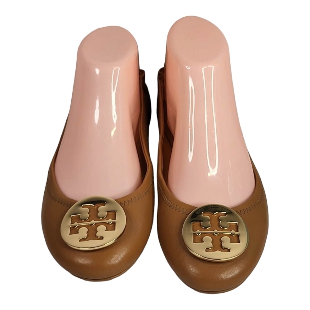 Tory Burch Minnie Royal Tan Leather Travel Ballet Flats‎ Size 8M